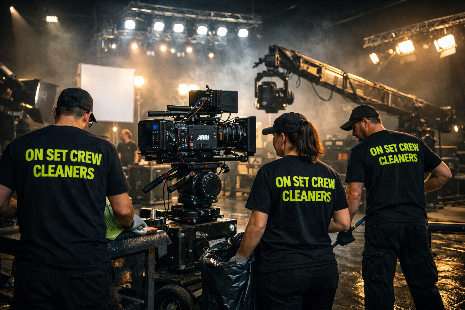 On-set cleaning team working on a professional film location